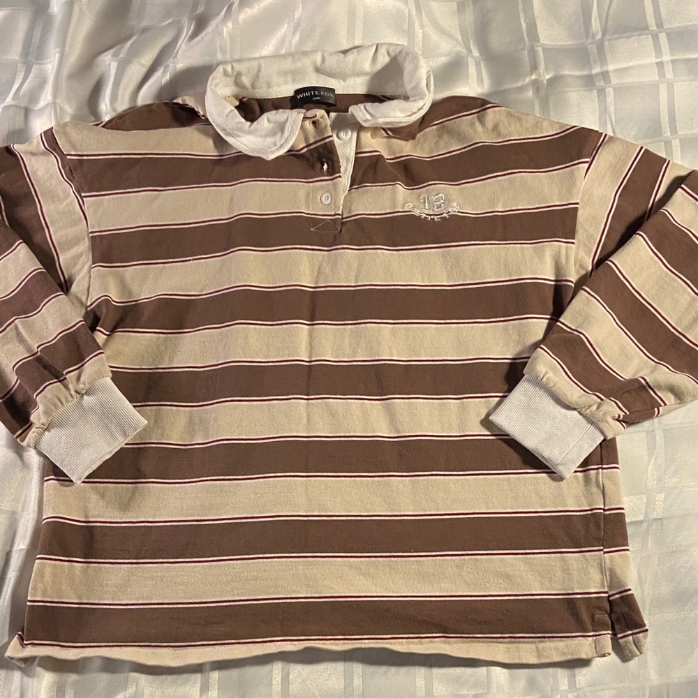 White Fox Boutique Brown and cream Striped rugby long collared Shirt